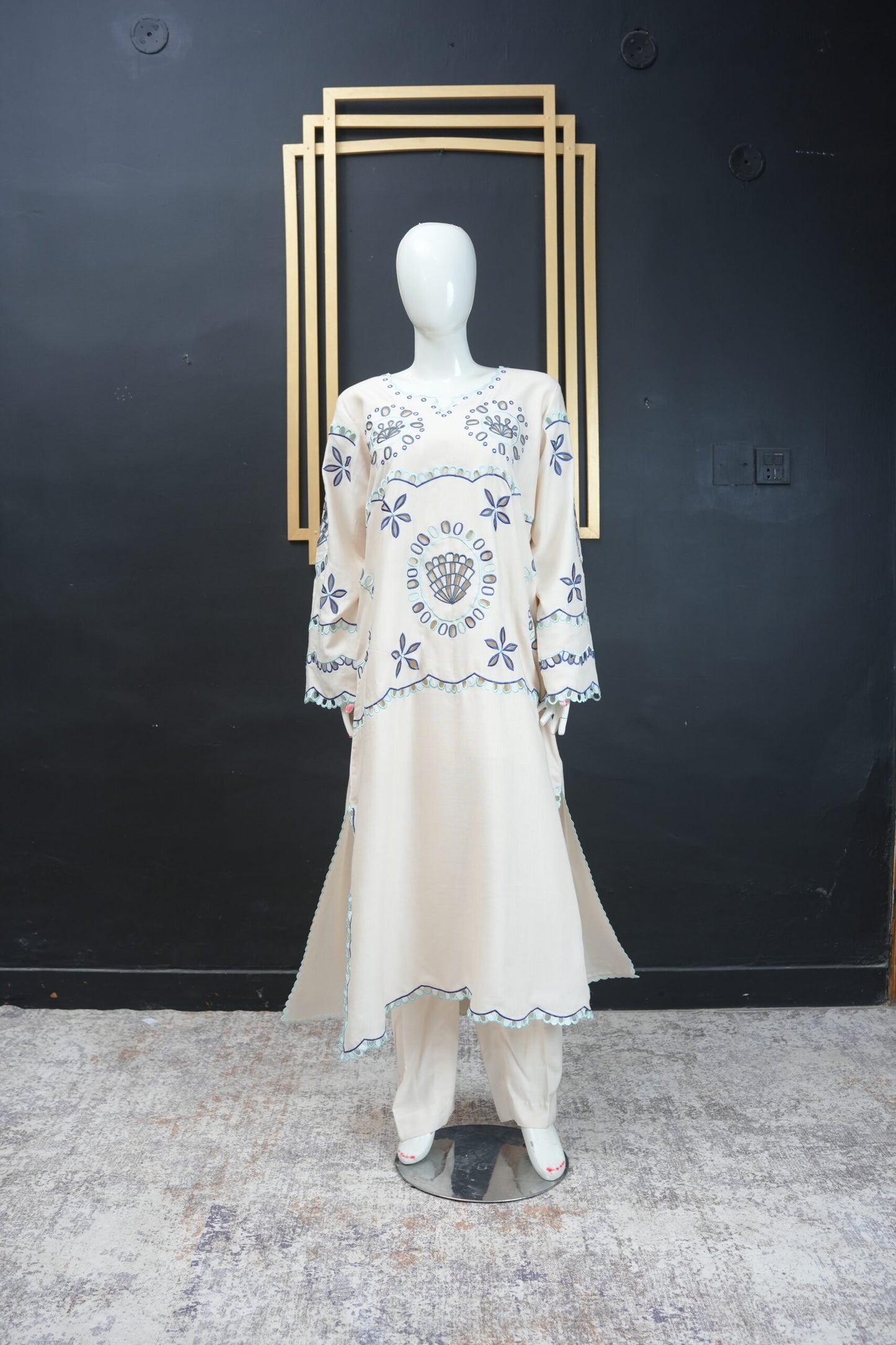 Zarif Schiffli Long Shirt  Ivory Blue