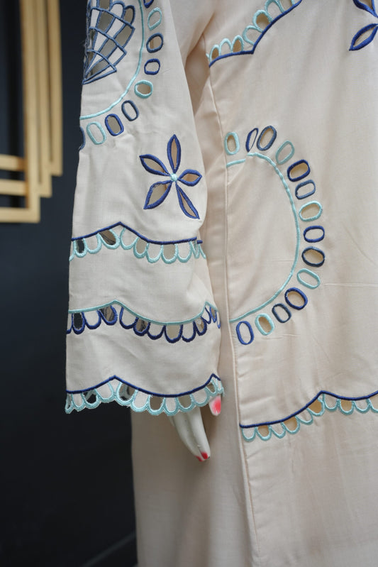 Zarif Schiffli Long Shirt  Ivory Blue