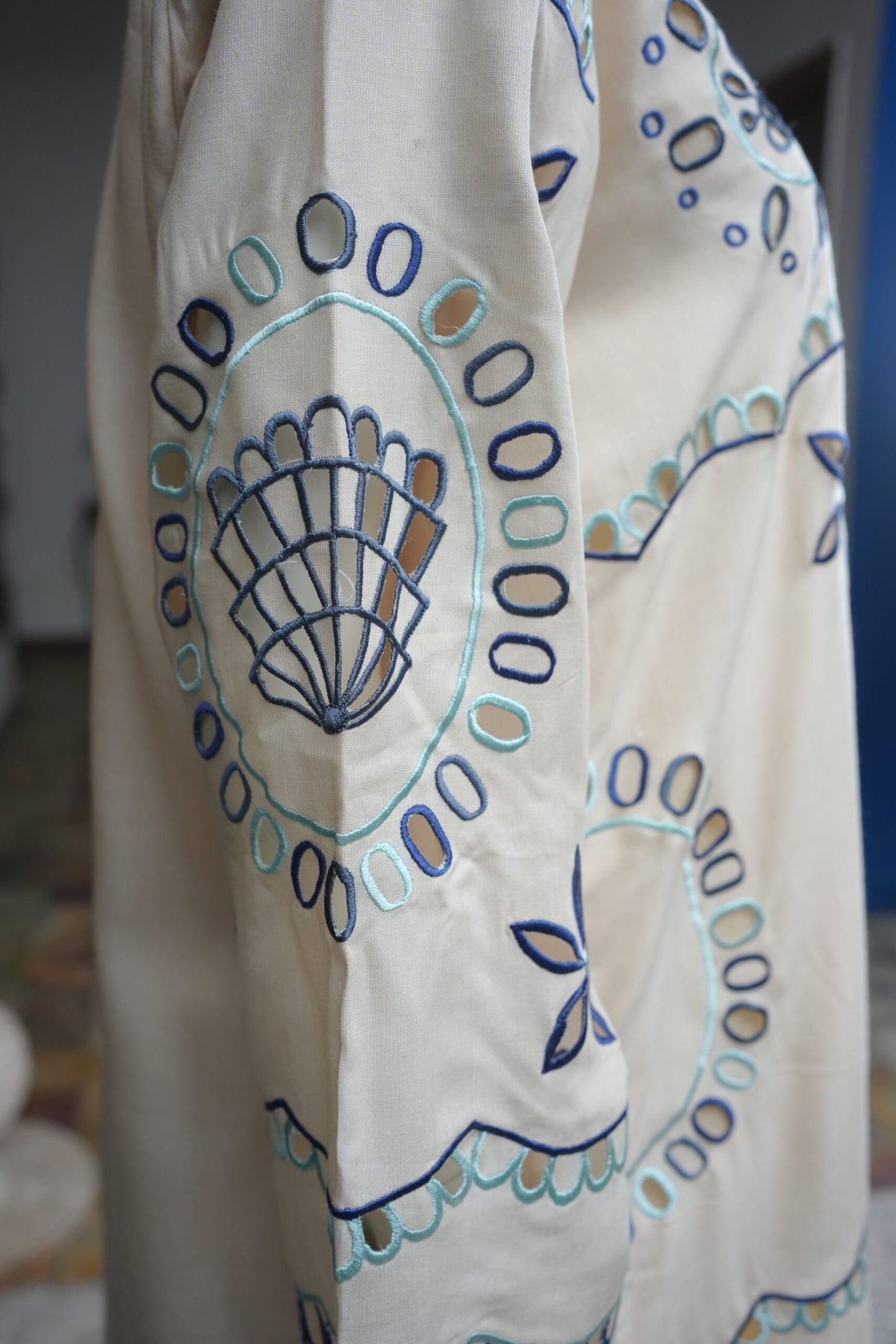 Zarif Schiffli Long Shirt  Ivory Blue
