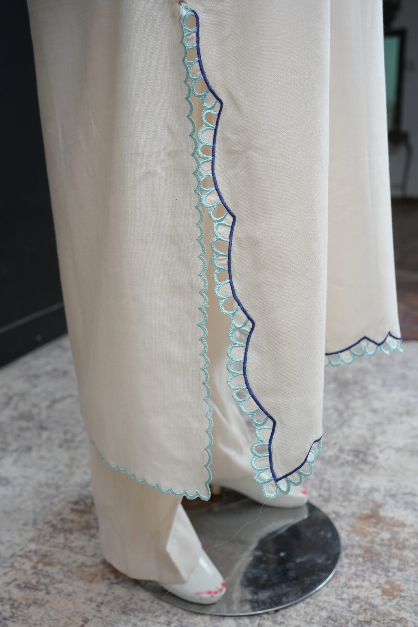 Zarif Schiffli Long Shirt  Ivory Blue