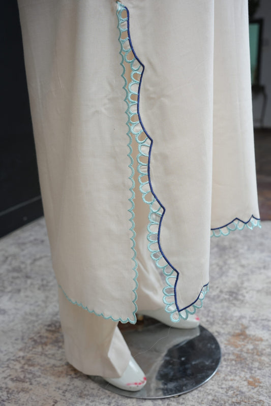 Zarif Schiffli Long Shirt  Ivory Blue