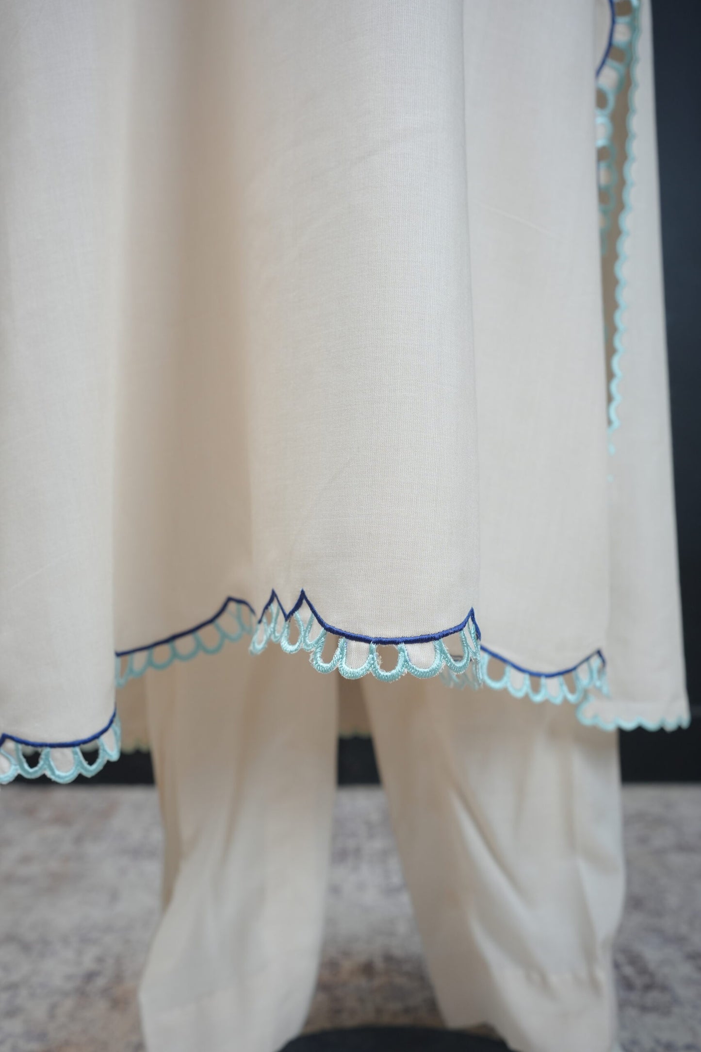 Zarif Schiffli Long Shirt  Ivory Blue