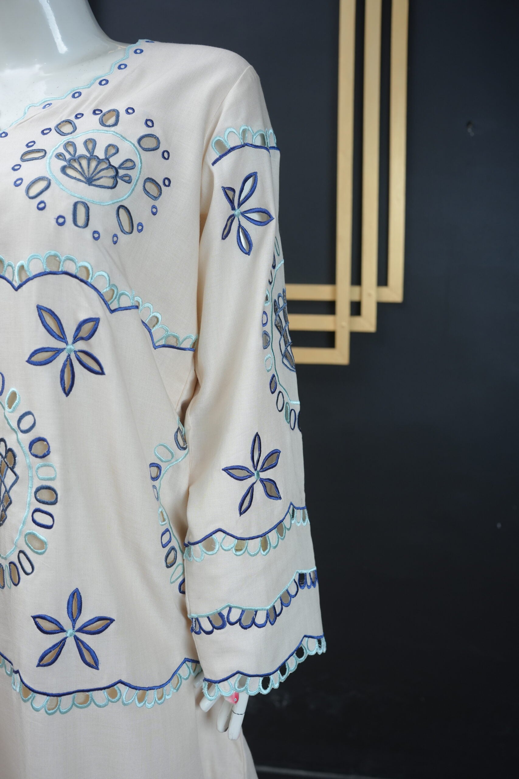 Zarif Schiffli Long Shirt  Ivory Blue