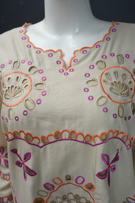 Zarif Schiffli Long Shirt  Soft Beige