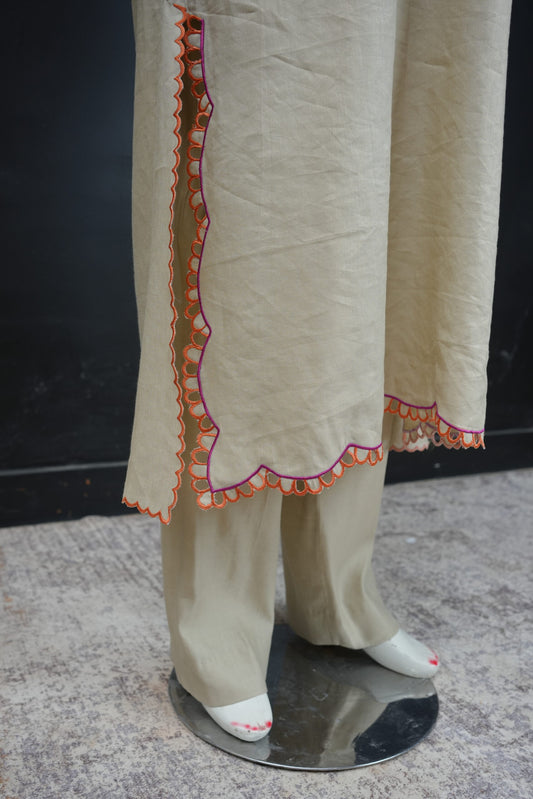 Zarif Schiffli Long Shirt  Soft Beige
